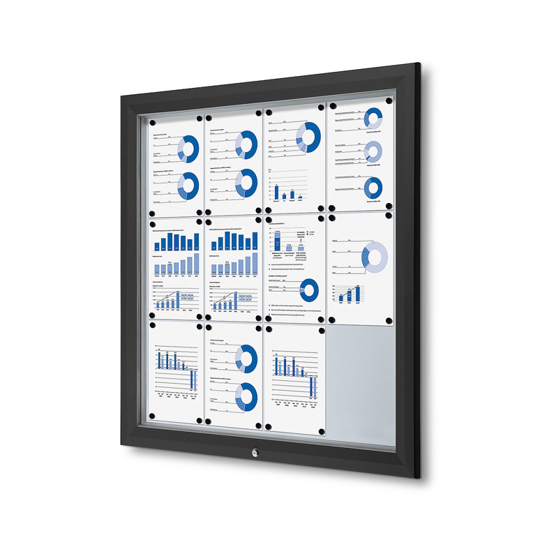 Outdoor Bulletin Board with magnetic board. Black color. Enclosed and locking. Fits 12 pages.