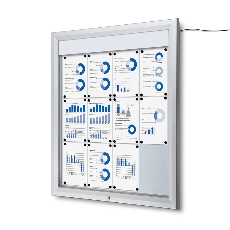 Outdoor Bulletin Board with magnetic board. LED illuminated. Enclosed and locking. Fits 12 pages.