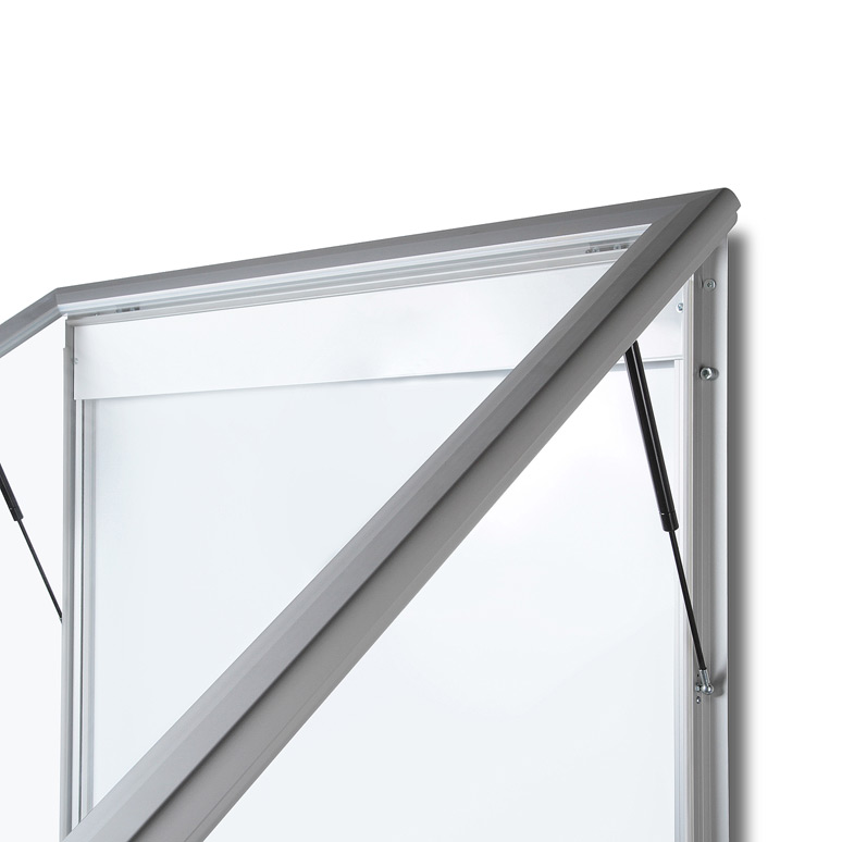 Bulletin Board Lockable. Aluminum display for outdoors. An enclosed magnetic board and whiteboard. Open view.