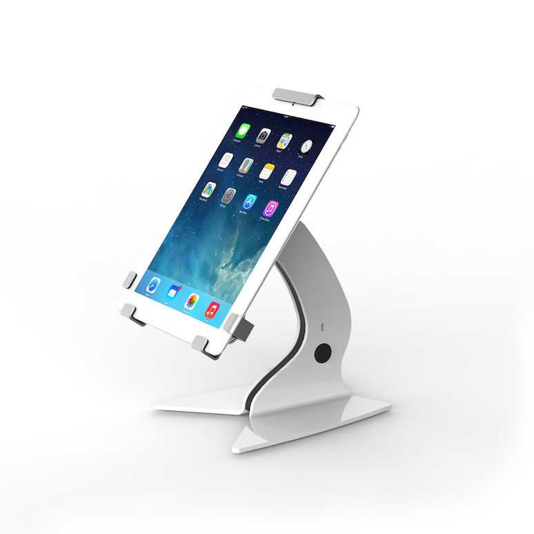 iPad Holder desk stand. White with screen on.