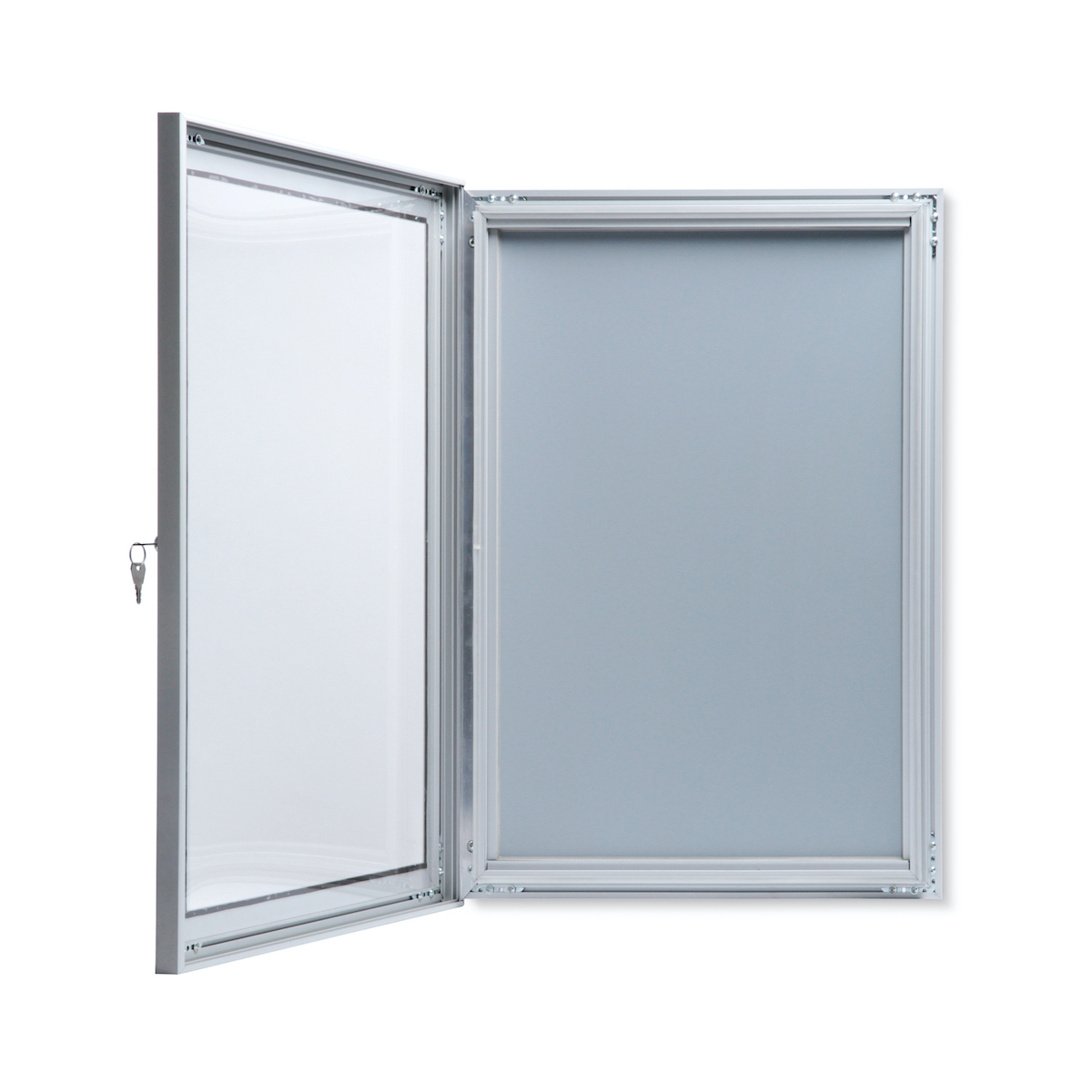 Outdoor poster frame with open swing door