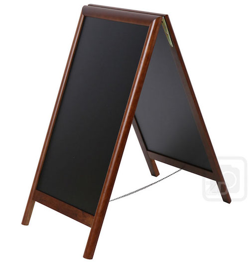 A Board Chalkboard - a very effective sidewalk sign stand. High quality dark brown hardwood sandwich board with chalkboards.