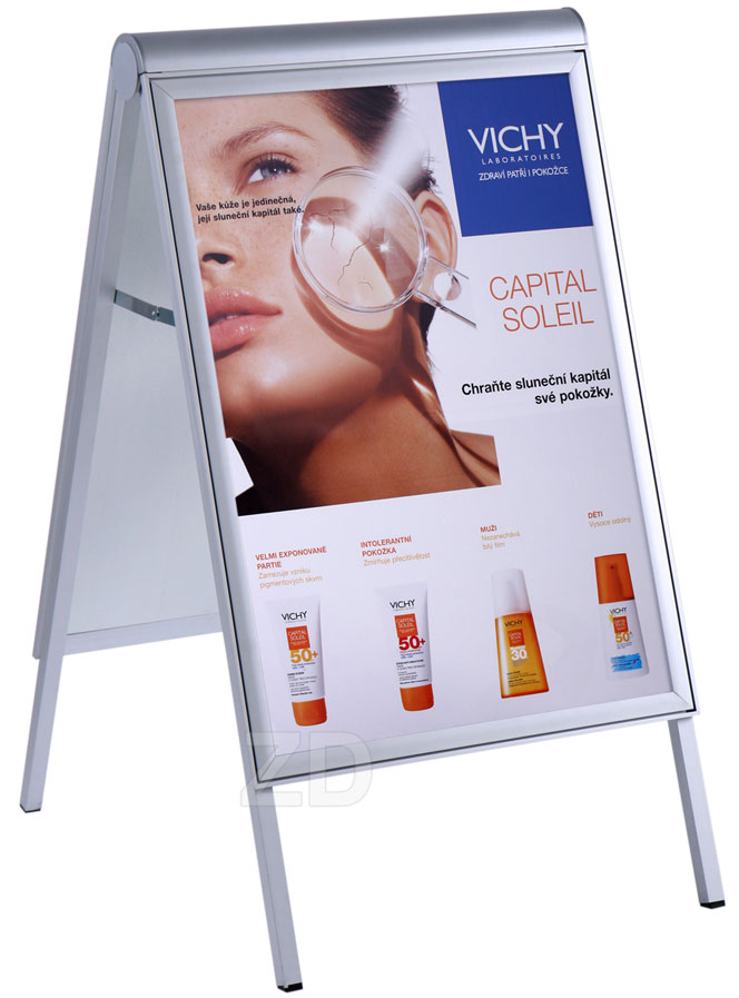 A Board Compasso - a very effective sidewalk sign stand. Premium double sided poster display with aluminum snap frames. Left.