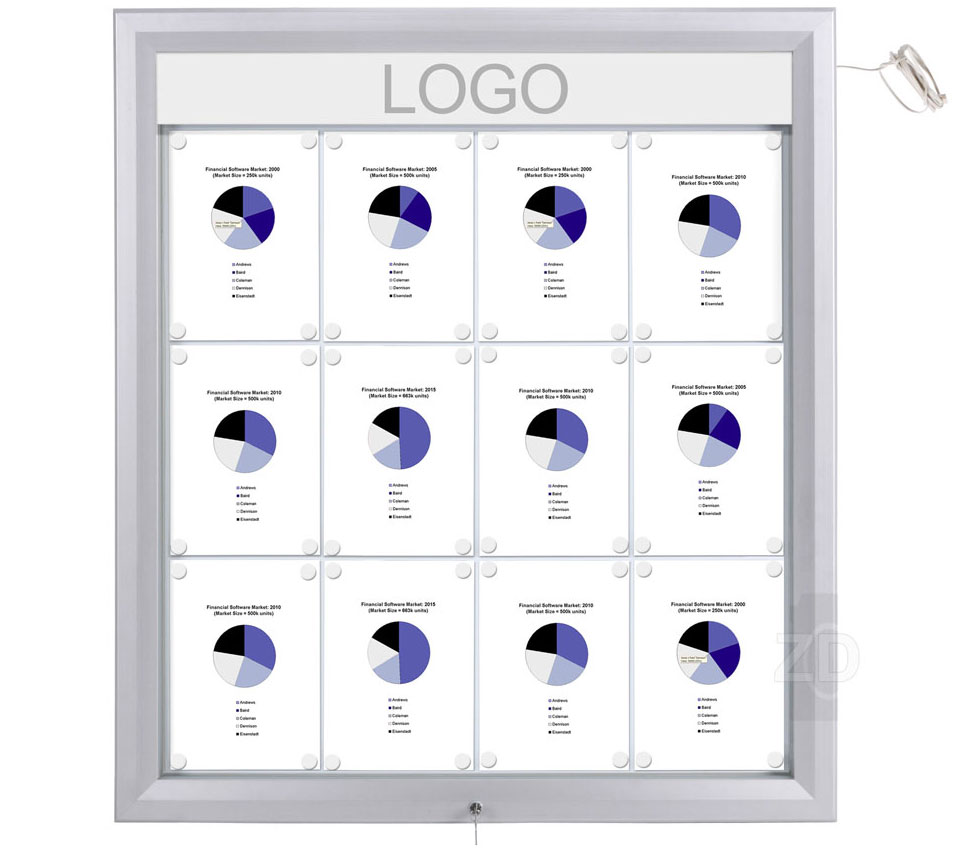 Bulletin Board Lockable with light. Aluminum display for outdoors. An enclosed magnetic board and whiteboard. Fits 12 pages.