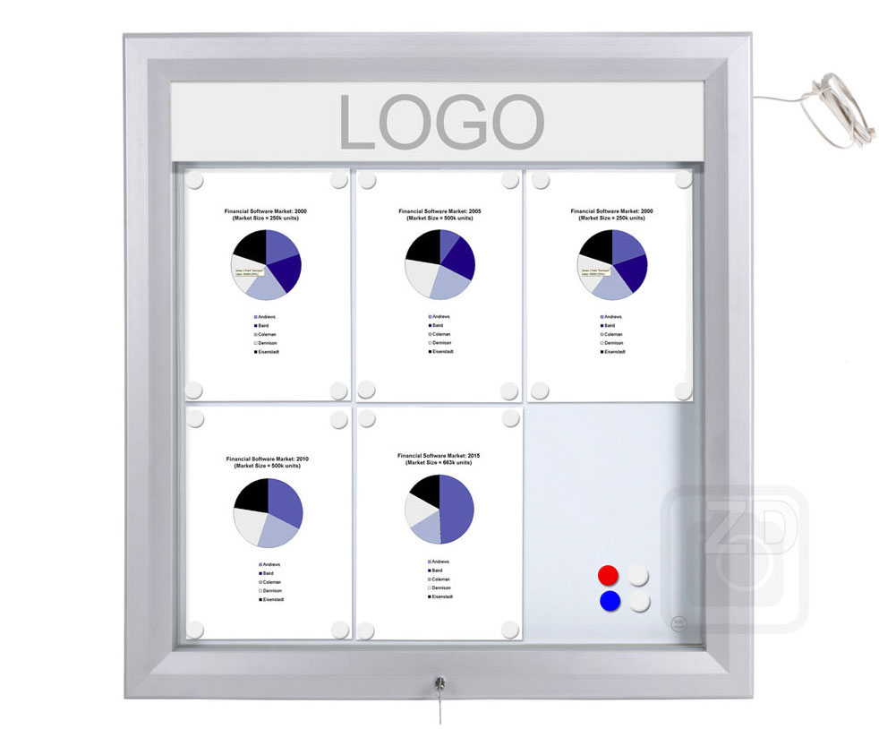 Bulletin Board Lockable with light. Aluminum display for outdoors. An enclosed magnetic board and whiteboard. Fits 6 pages.