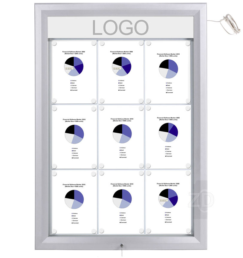 Bulletin Board Lockable with light. Aluminum display for outdoors. An enclosed magnetic board and whiteboard. Fits 9 pages.