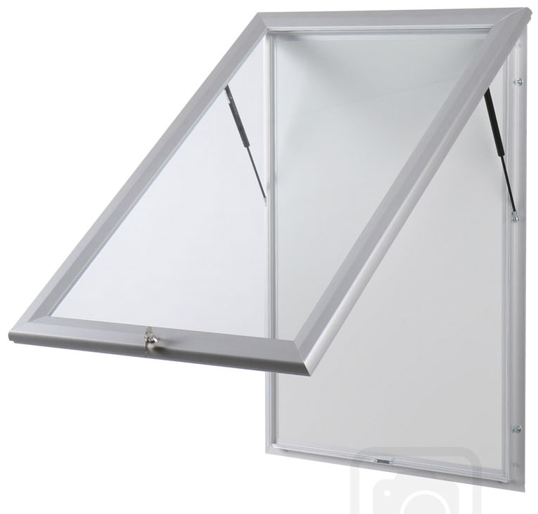 Bulletin Board Lockable. Aluminum display for outdoors. An enclosed magnetic board and whiteboard. Open view.