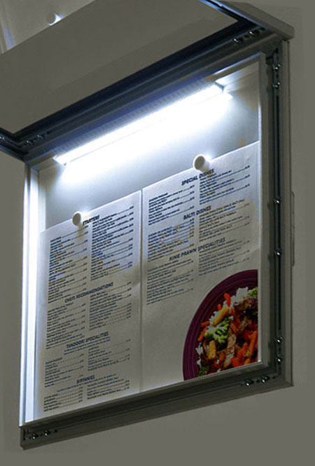 Menu Display Lockable with light. Aluminum display for outdoors. An enclosed magnetic board and whiteboard. LED view.