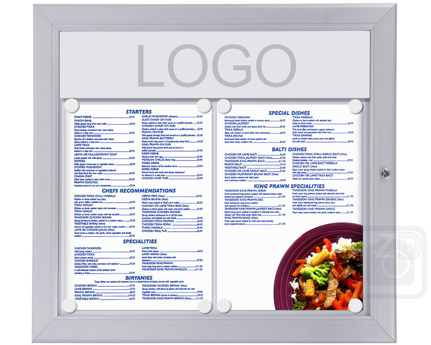 Menu Display Lockable. Aluminum display for outdoors. An enclosed magnetic board and whiteboard. Fits 2 pages.