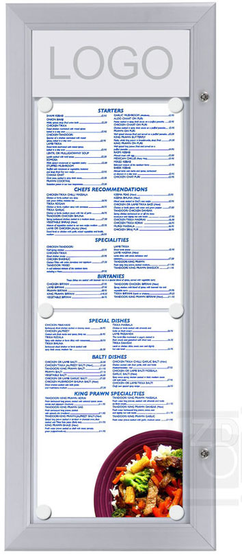Menu Display Lockable. Aluminum display for outdoors. An enclosed magnetic board and whiteboard. Fits 2 pages vertically.