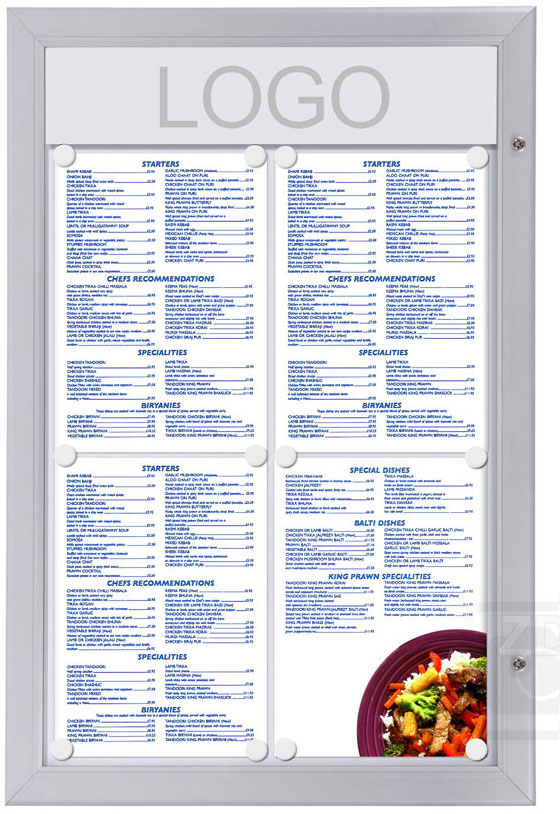 Menu Display Lockable. Aluminum display for outdoors. An enclosed magnetic board and whiteboard. Fits 4 pages.