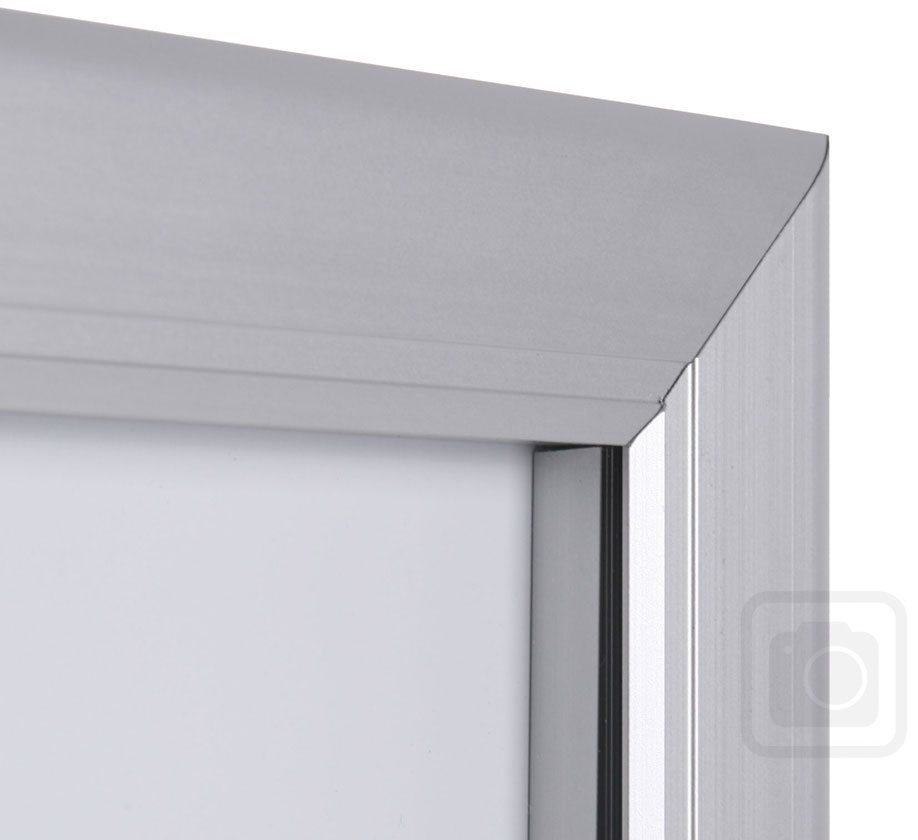 Menu Display Lockable. Aluminum display for outdoors. An enclosed magnetic board and whiteboard. Closed corner view.