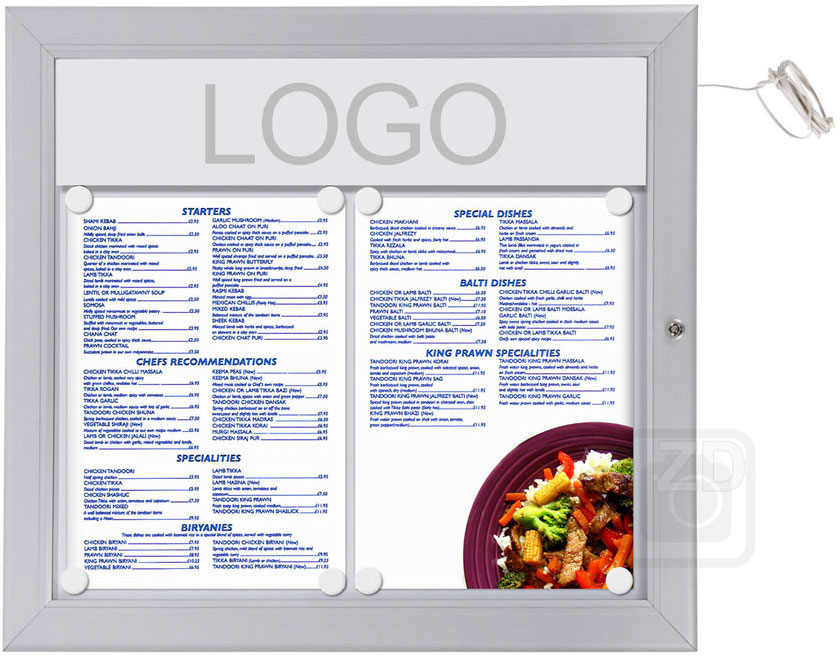 Menu Display Lockable with light. Aluminum display for outdoors. An enclosed magnetic board and whiteboard. Fits 2 pages.