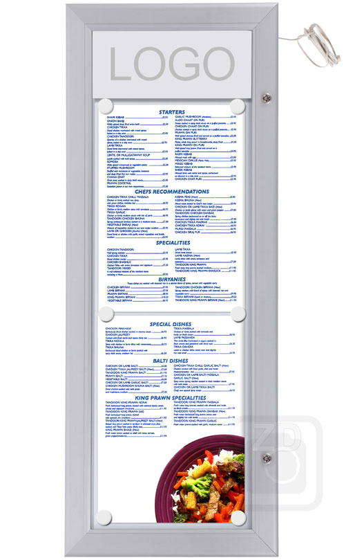 Menu Display Lockable with light. Aluminum display for outdoors. Magnetic board and whiteboard. Fits 2 pages vertically.