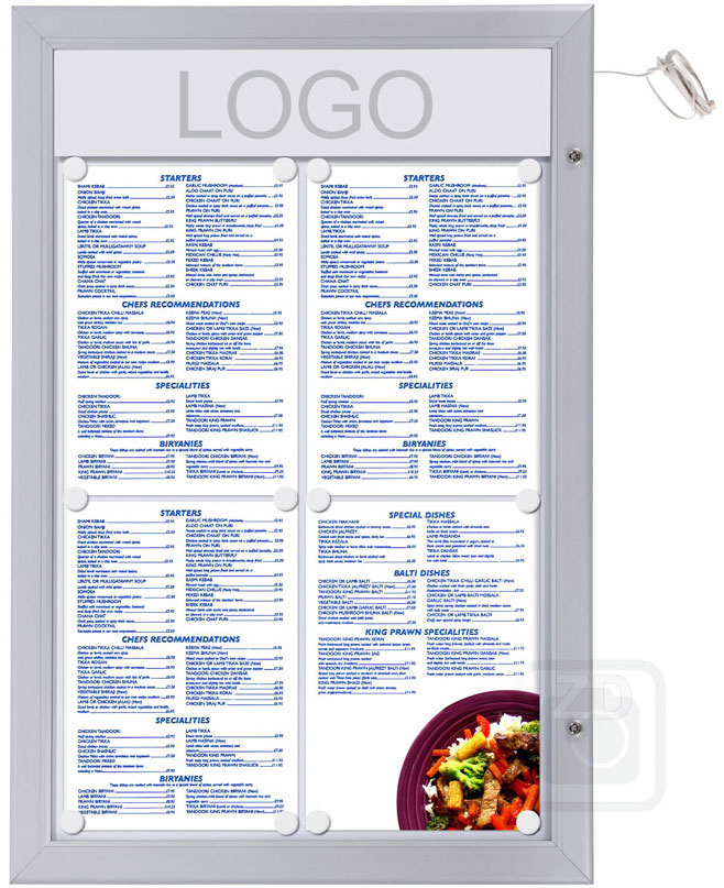 Menu Display Lockable with light. Aluminum display for outdoors. An enclosed magnetic board and whiteboard. Fits 4 pages.